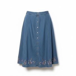 Vintage Bedford Air Lifestyles Denim Maxi Skirt Floral Embroidered Button Front